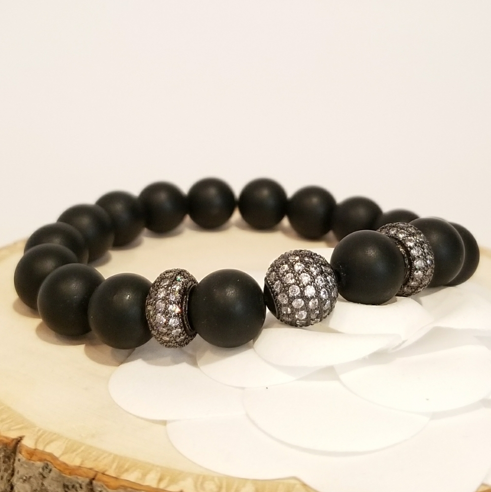 NEW Natural Black Stones Pave CZ Stretch Bracelet - Picture 4 of 5